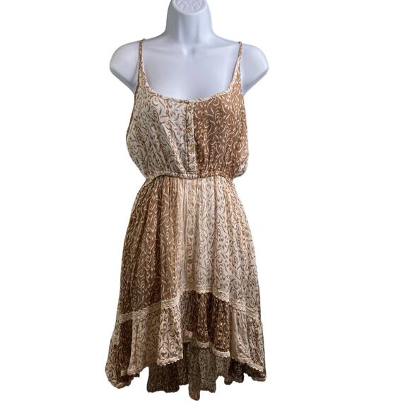 Zury Women's Cream Print Boho Mini Dress Free Size Coquette Lace Detail Flowy - Picture 1 of 10